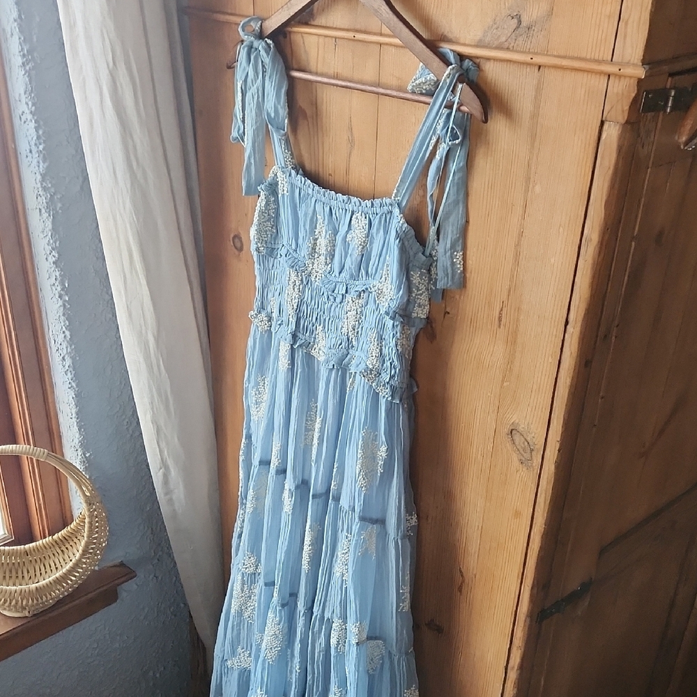 Sky Blue Maxi Dress with White Embroidery - Picture 2 of 8